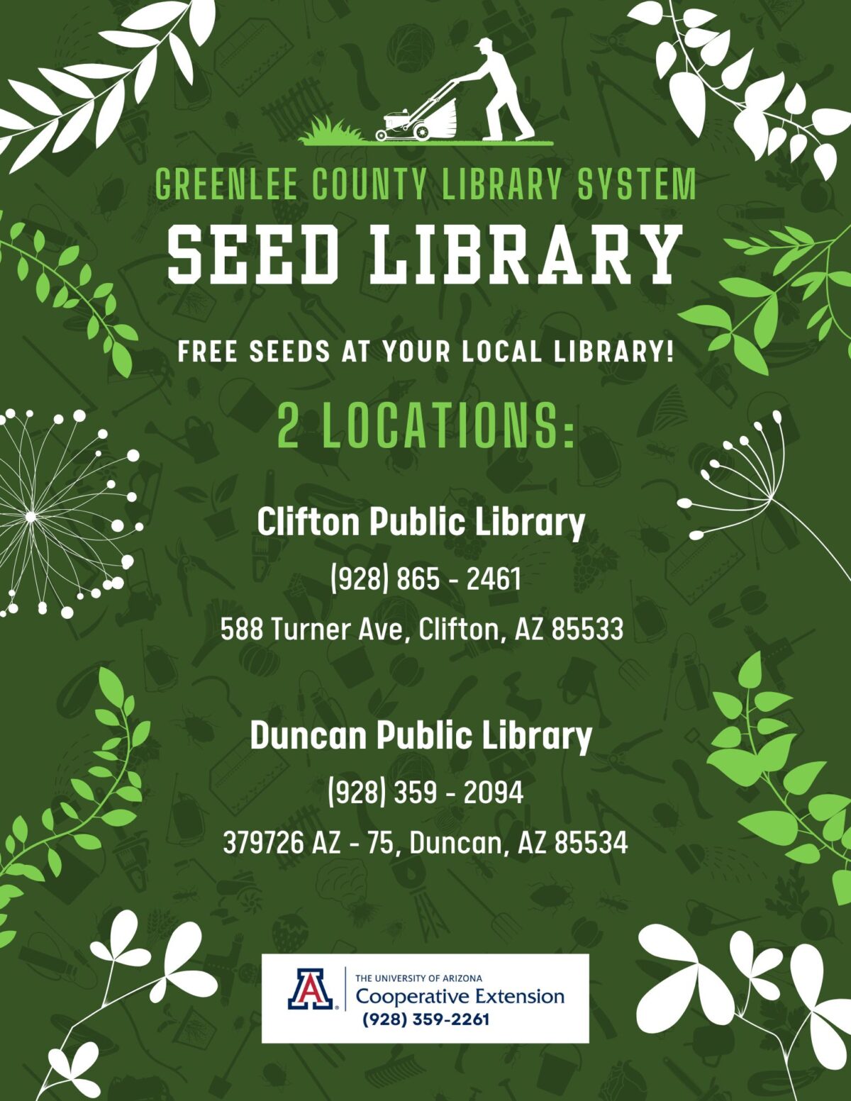 Greenlee County Library System Seed Library flyer with floral illustrations. Lists Clifton and Duncan Public Library locations, phone numbers, addresses, and mentions free seeds. University of Arizona Cooperative Extension logo at bottom. Full text on page.