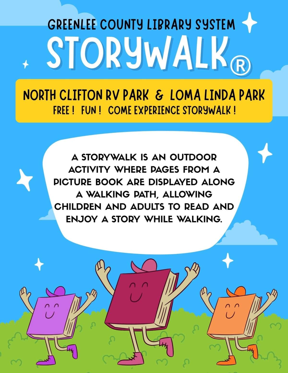 Colorful flyer for Greenlee County Library’s Storywalk event, featuring cartoon books with arms and legs walking, and text explaining Storywalk as an outdoor activity displaying book pages along a walking path.